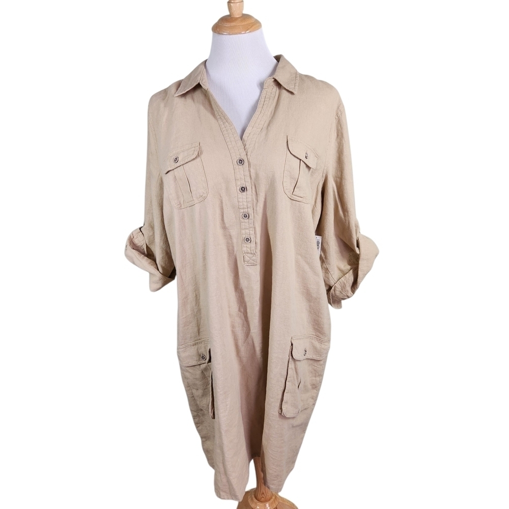 NWT Women's Old Navy Linen Blend Shirt Dress Roll Tab Sleeve Pockets Sz XXL